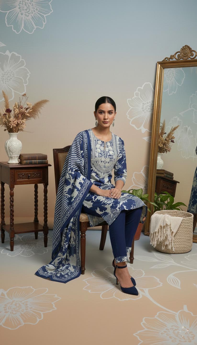 Elegant Indigo & Ivory Printed Kurta Set