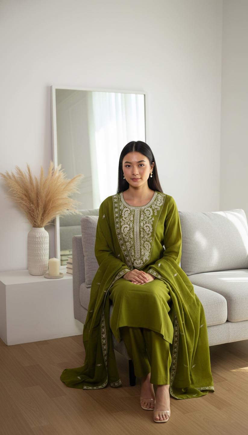 Green-Embroidered Chanderi Silk Kurta  Set