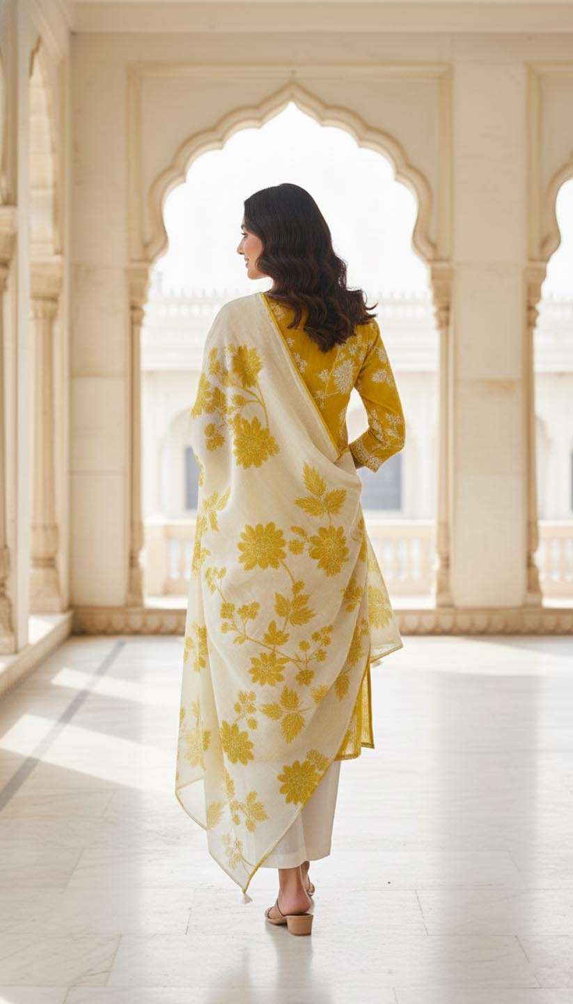 Mustard Floral Embroidered Cotton Kurta Set with Dupatta