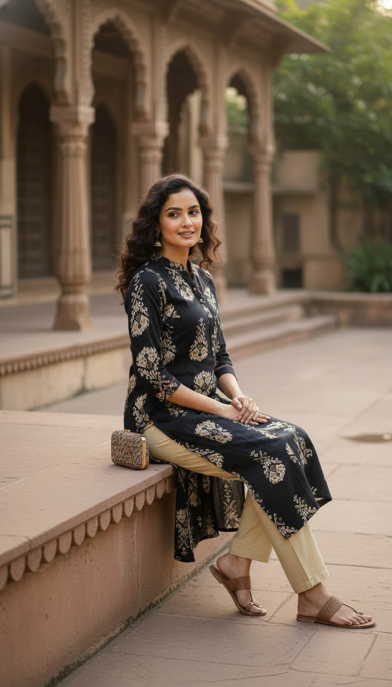 Black Rayon Printed A-Line Kurta