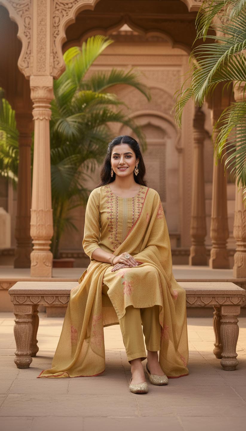 Elegant Mustard Yellow Embroidered Kurta Set with Dupatta