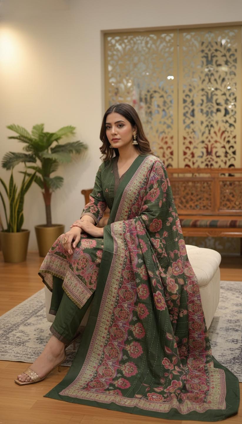Elegant Olive Green Kurta Set with Floral Print Dupatta