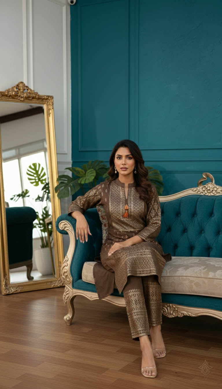 Elegant Brown Velvet Kurta Set  with Foil Print Detailing