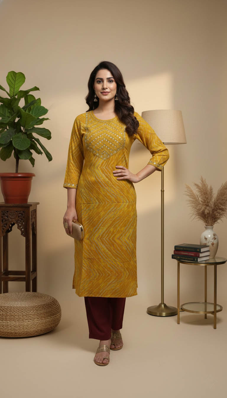 Mustard Printed Rayon Kurta