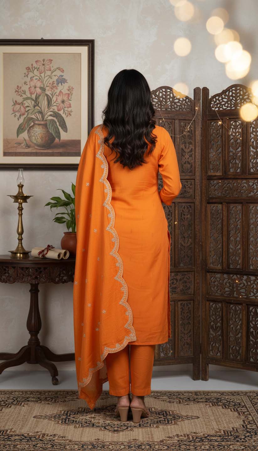 Orange Sequin Embroidered  Chanderi Silk Kurta with Trousers & Scalloped Dupatta Set