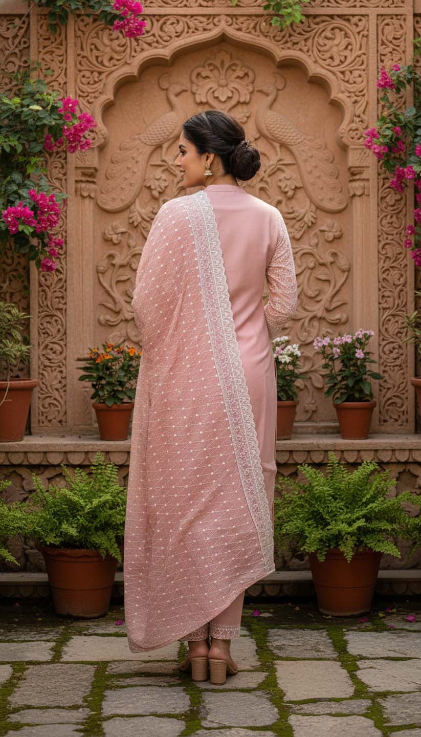 Pink Chanderi Lucknowi Embroidered Kurta with Pant & Dupatta Set