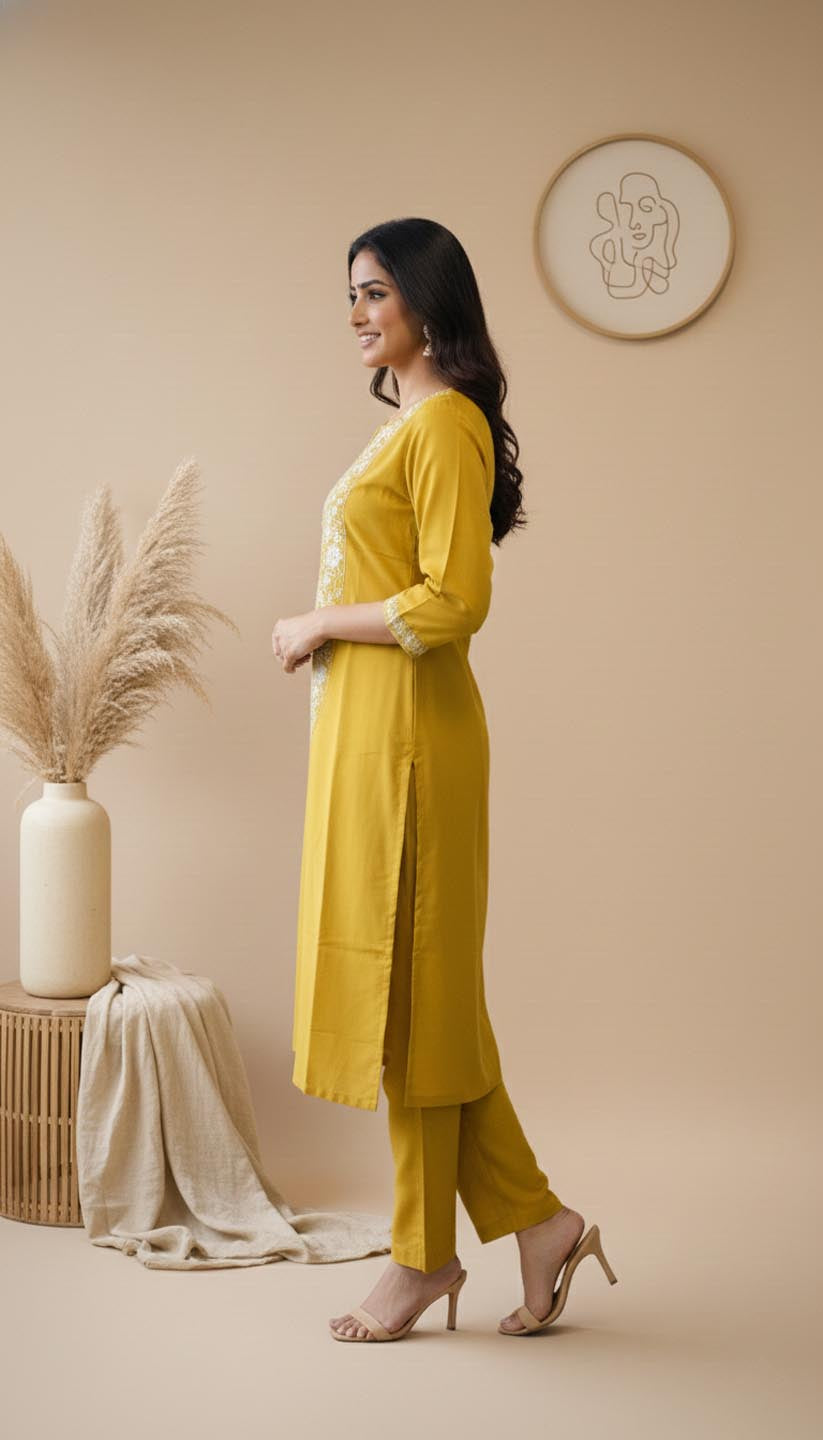 Mustard Yellow Embroidered Kurta Set with Dupatta
