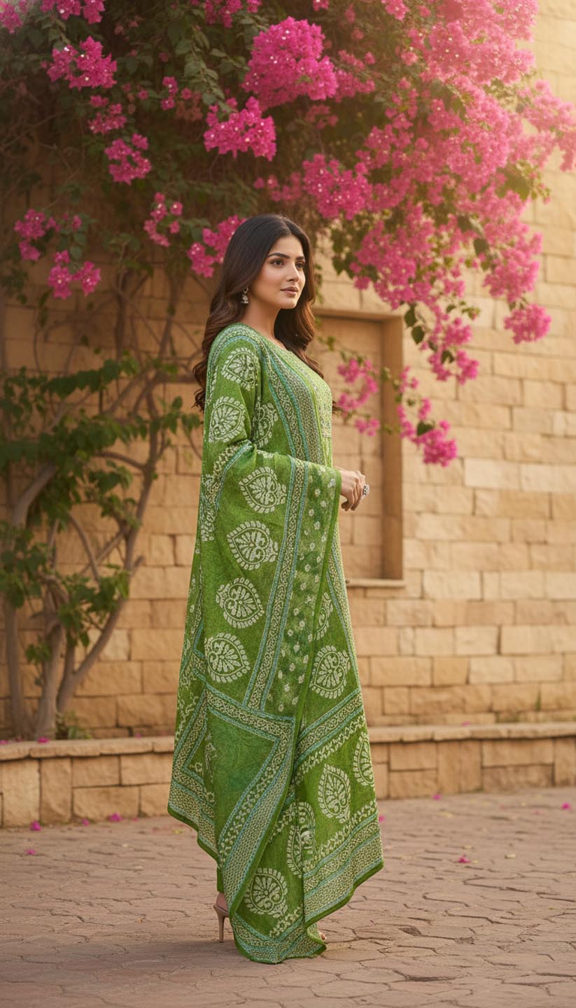 Elegant  Green Printed Embroidered Kurta Set with Pant and Dupatta