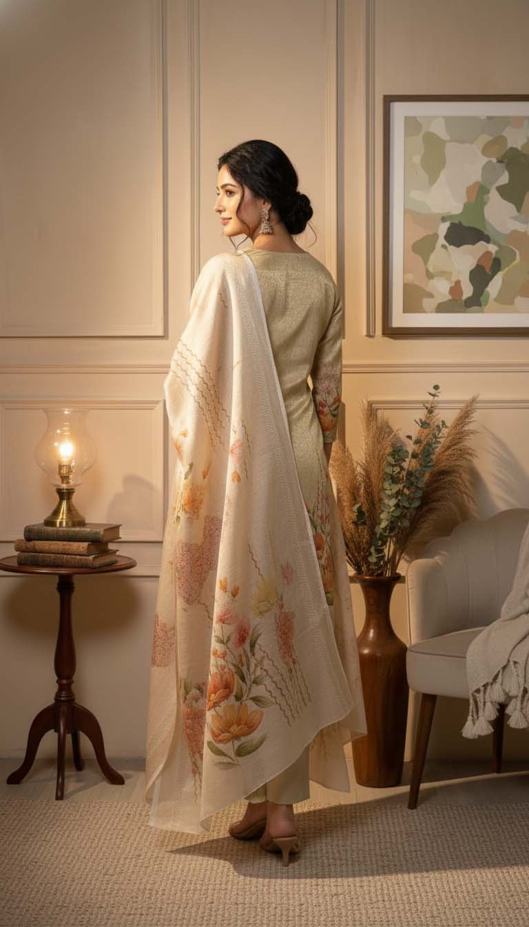 Beige Chanderi Silk Floral Jacquard Kurta Set with Dupatta