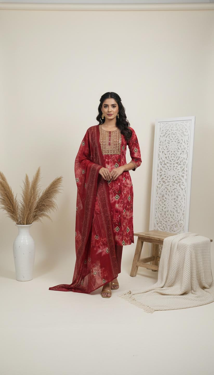 Elegant Maroon & Gold Embroidered Kurta Set with Printed Dupatta