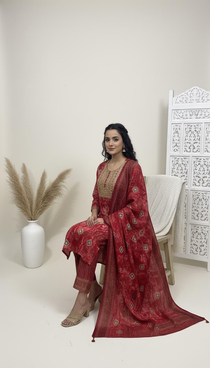 Elegant Maroon & Gold Embroidered Kurta Set with Printed Dupatta