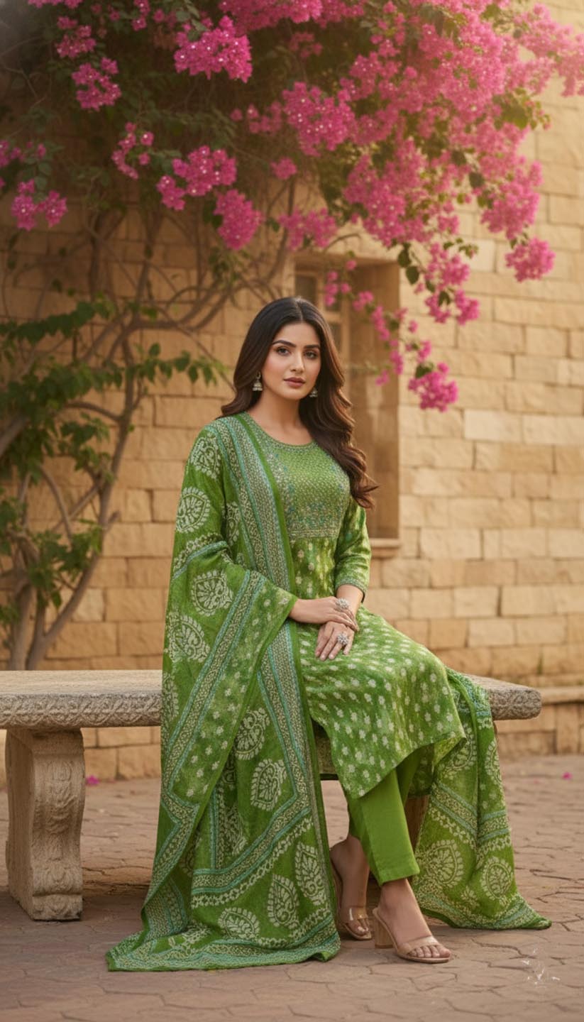 Elegant  Green Printed Embroidered Kurta Set with Pant and Dupatta