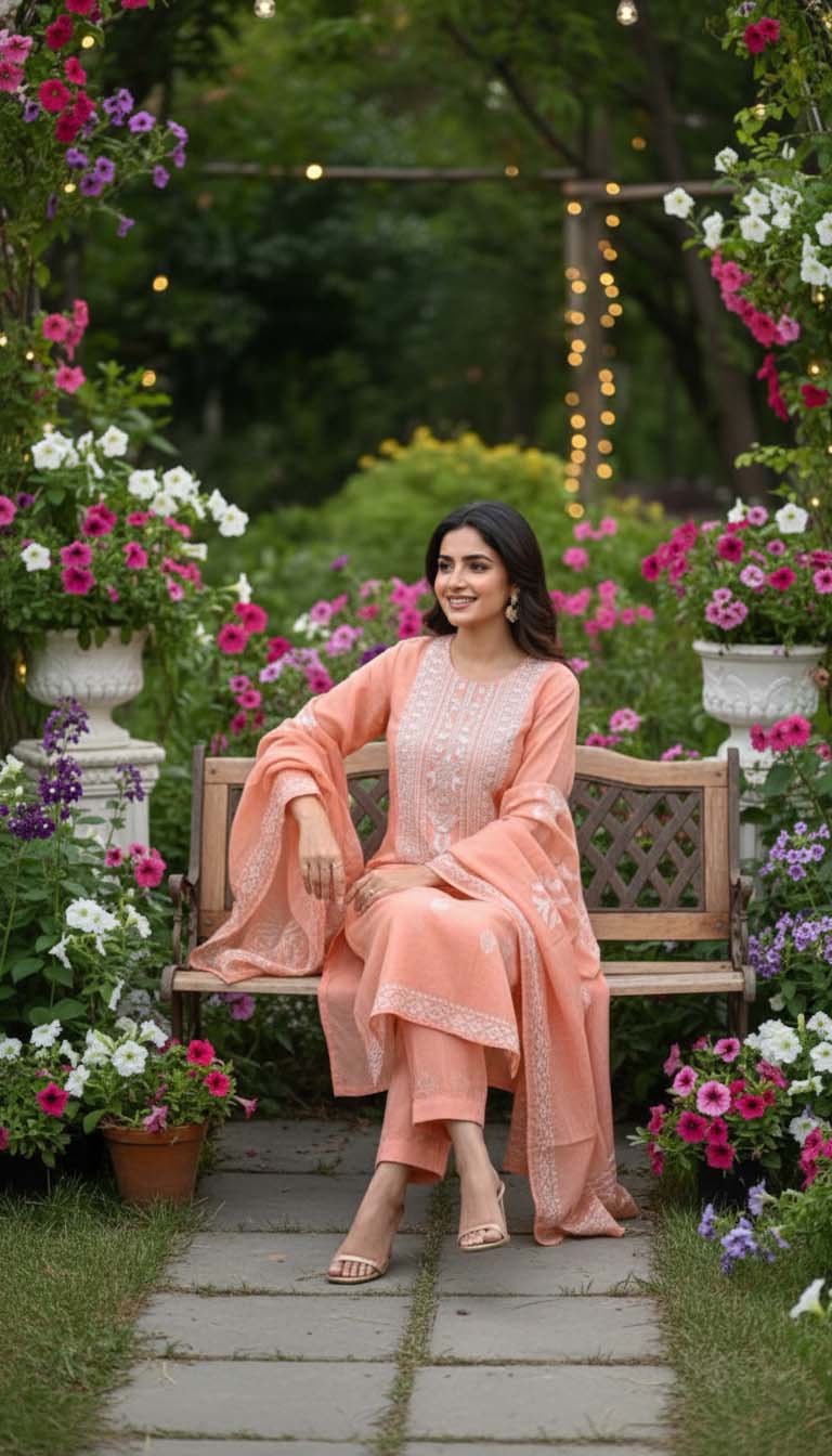 Orange  Embroidered Kurta with Pant & Dupatta Set