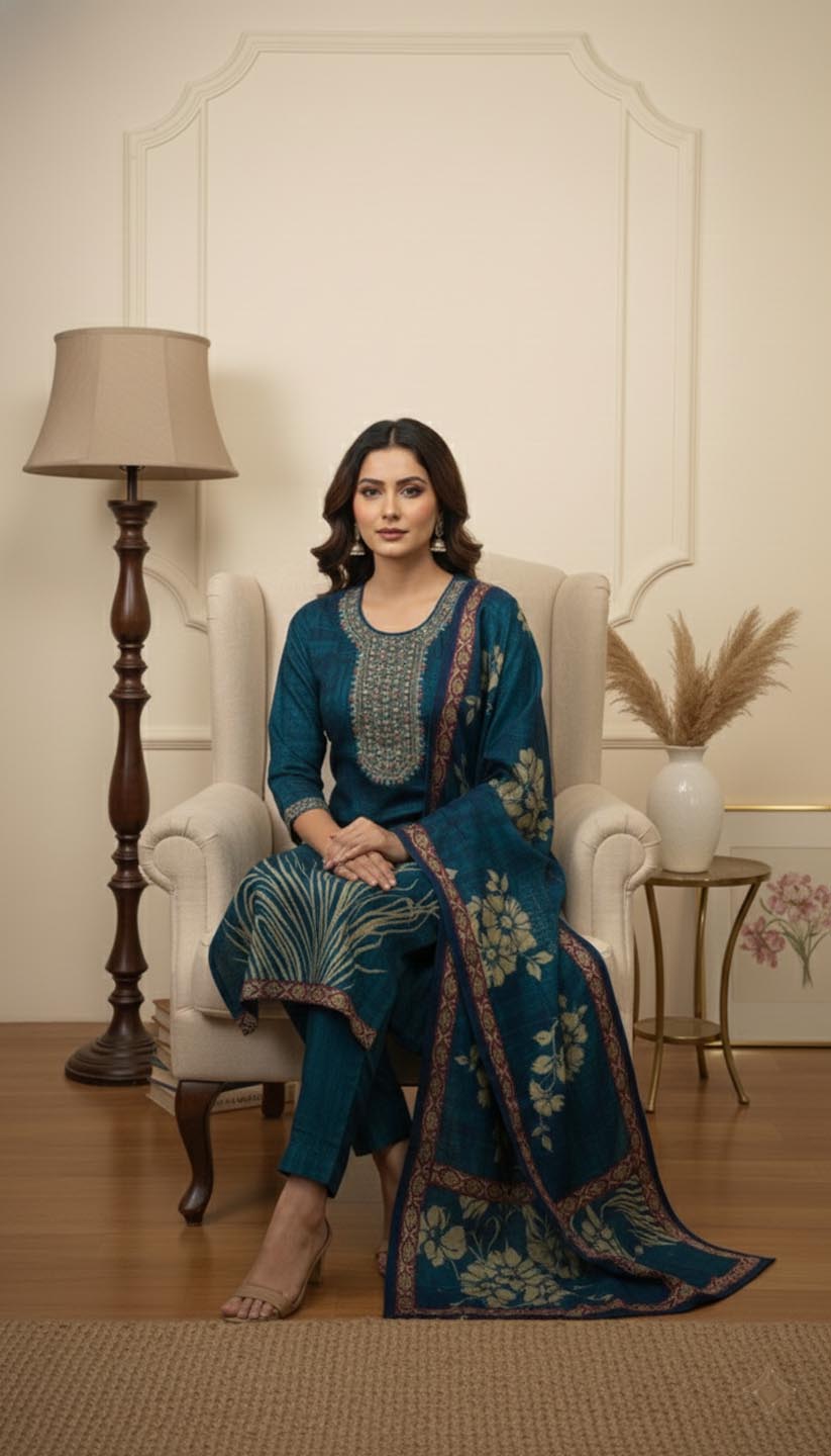 Elegant Navy Blue Embroidered  Design Printed Kurta set with dupatta