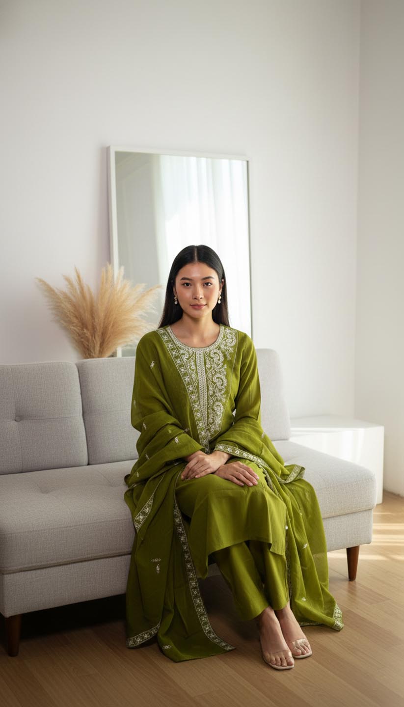 Green-Embroidered Chanderi Silk Kurta  Set