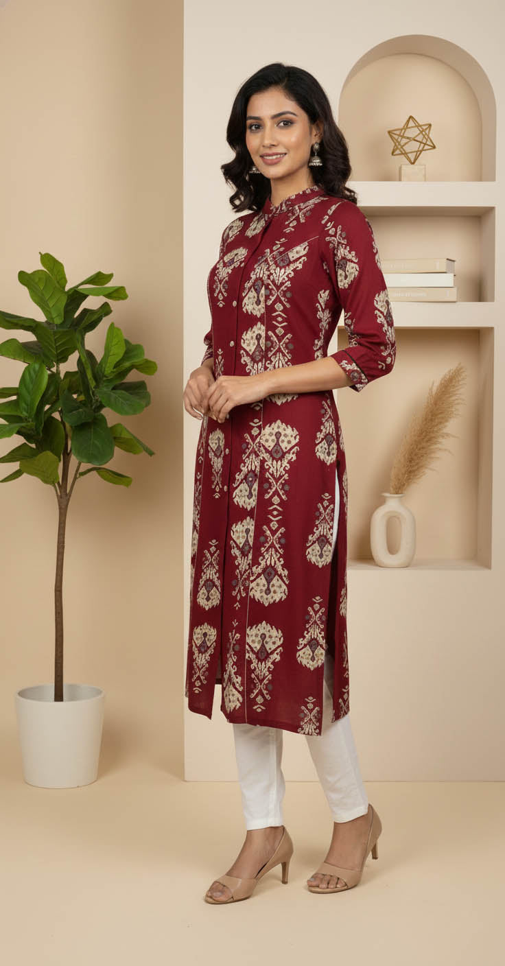Maroon Rayon Printed Straight Kurta