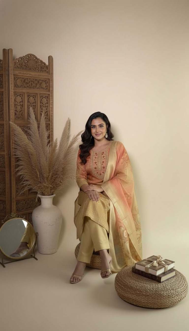 Beige Chanderi Silk Floral Jacquard Kurta Set with Dupatta