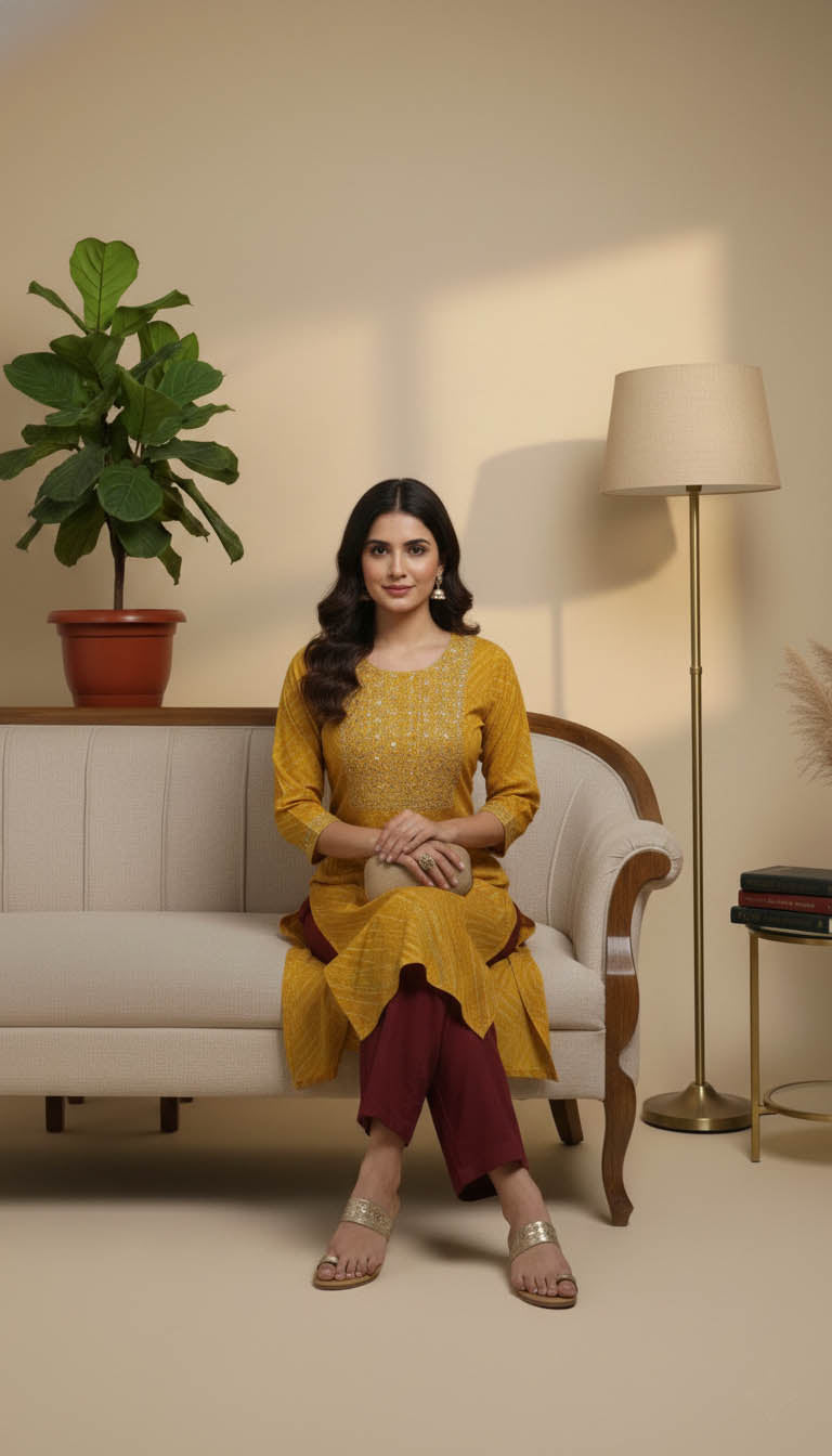 Mustard Printed Rayon Kurta