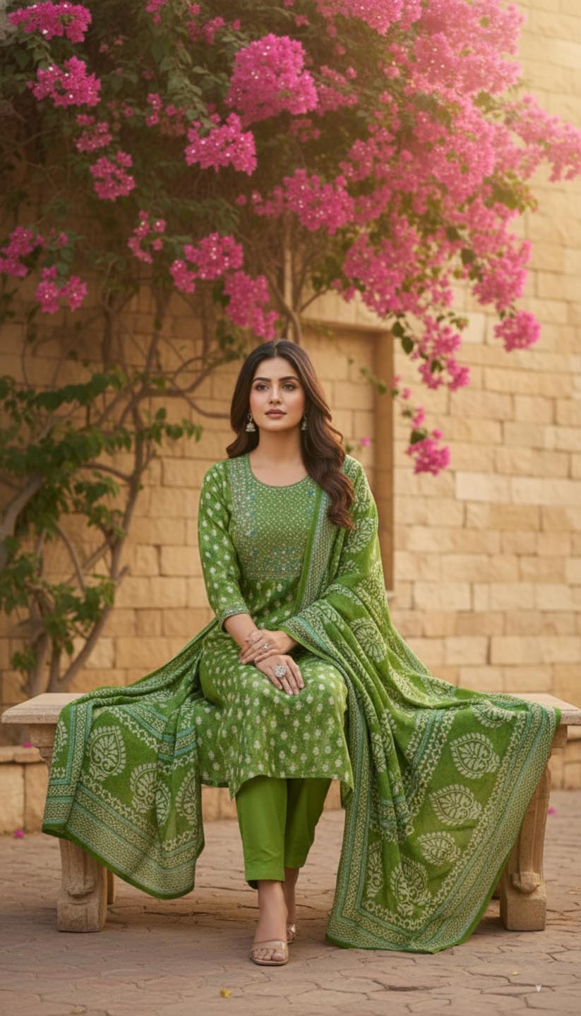 Elegant  Green Printed Embroidered Kurta Set with Pant and Dupatta