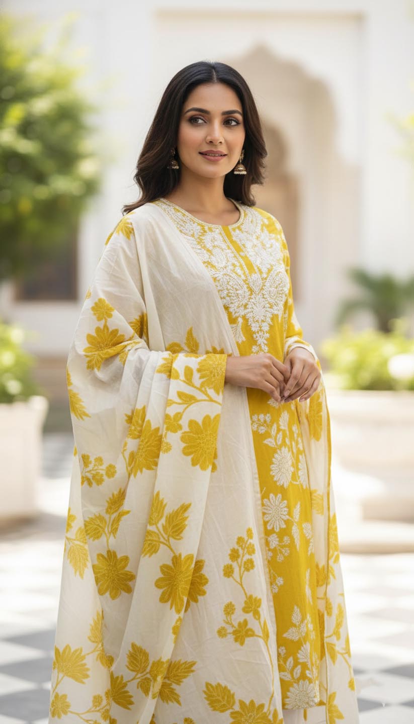 Mustard Floral Embroidered Cotton Kurta Set with Dupatta
