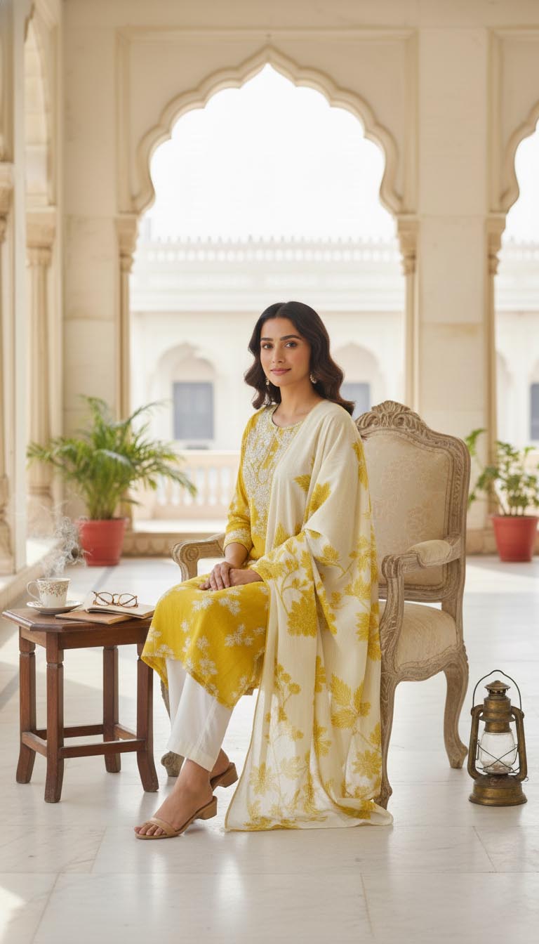 Mustard Floral Embroidered Cotton Kurta Set with Dupatta