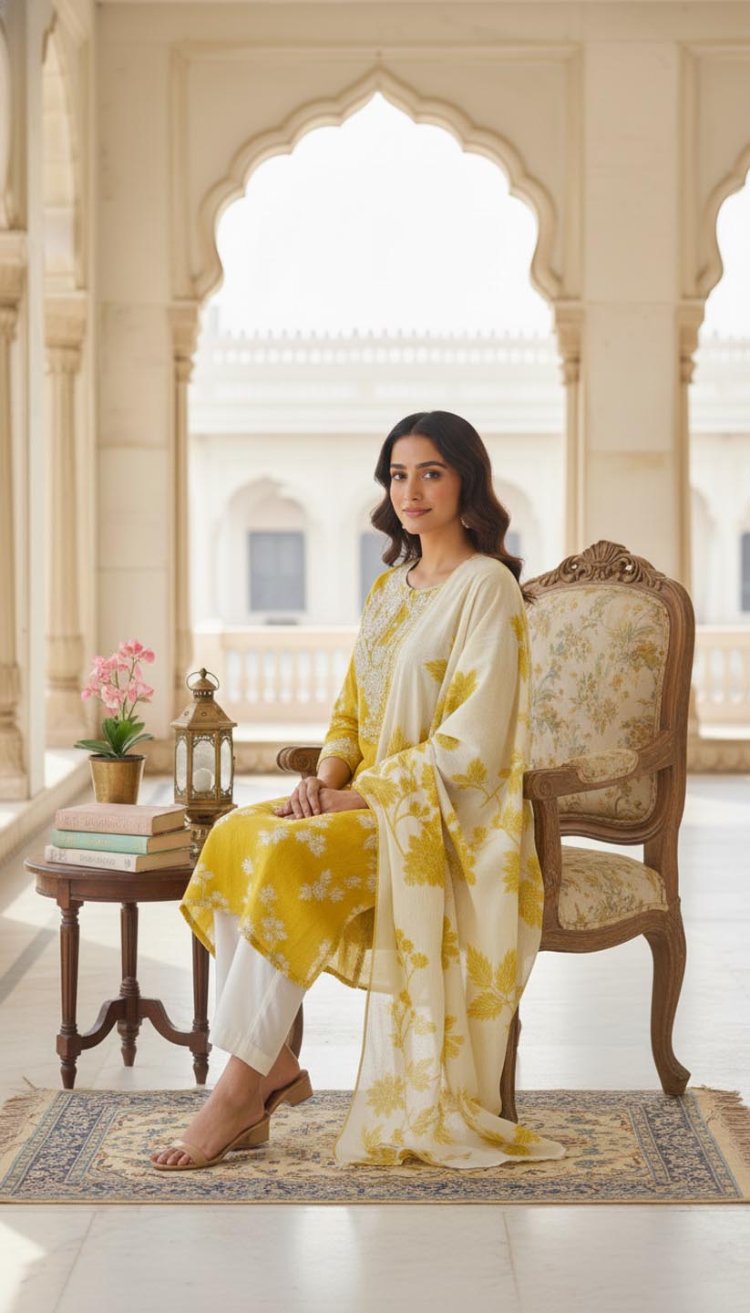 Mustard Floral Embroidered Cotton Kurta Set with Dupatta