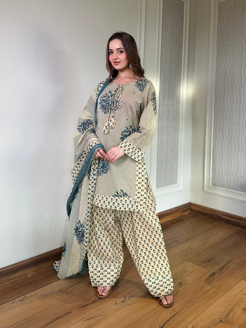 Blue Bloom Cotton Kurta Set