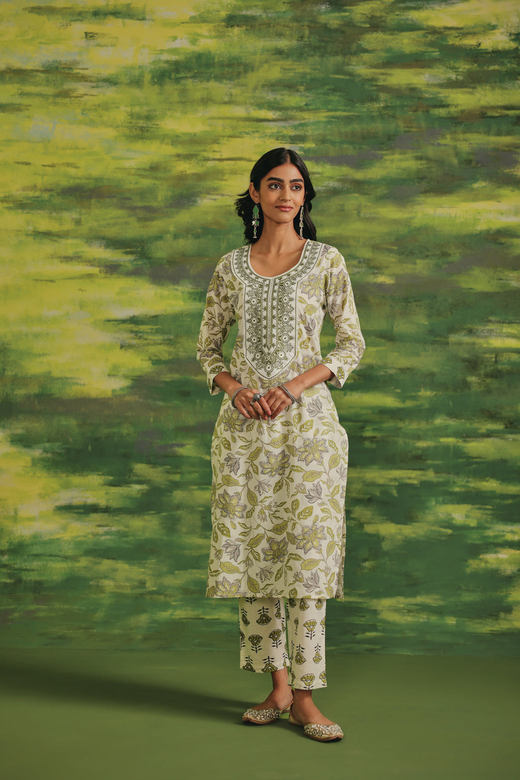 Olive Bloom Cotton Kurta Set