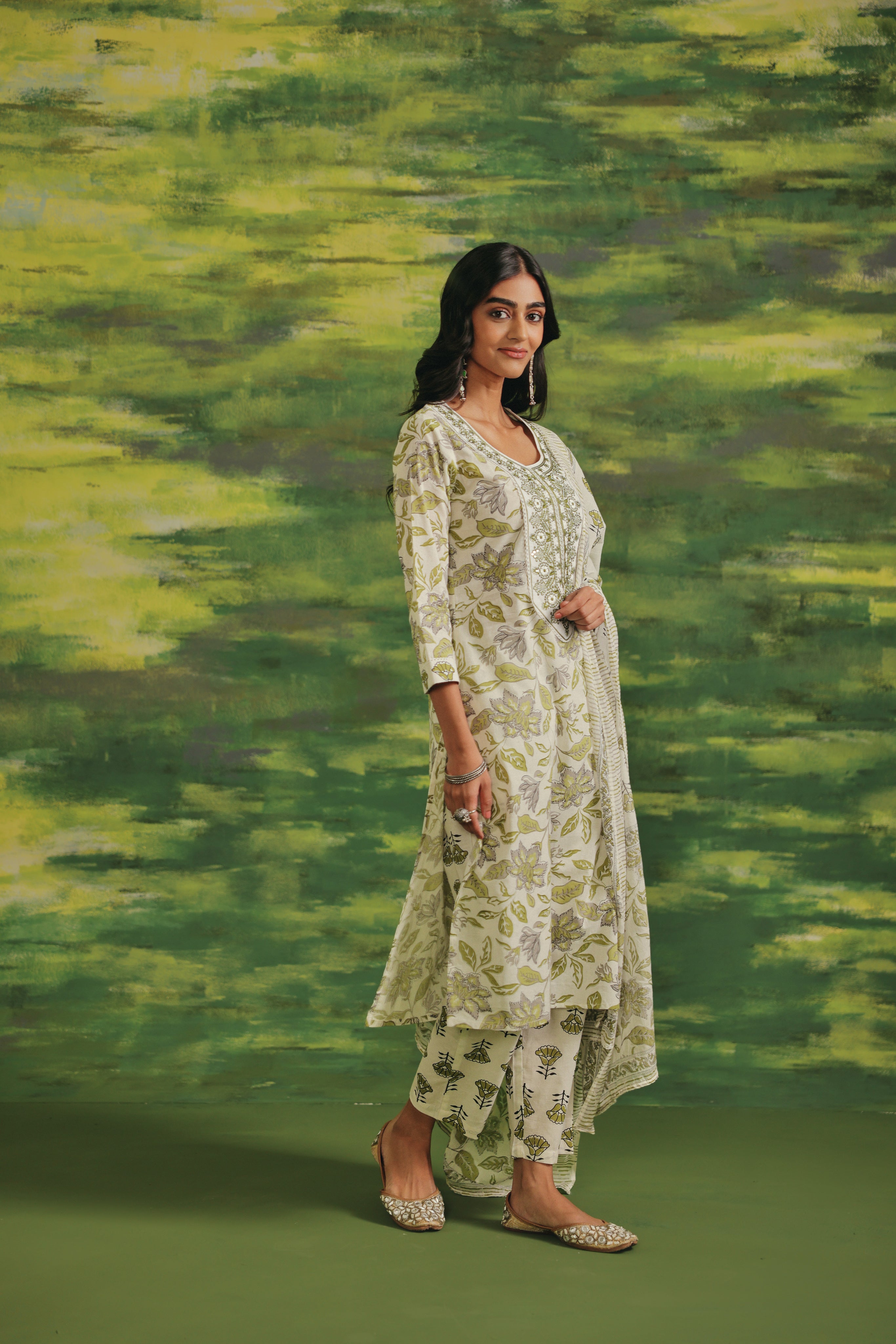 Olive Bloom Cotton Kurta Set