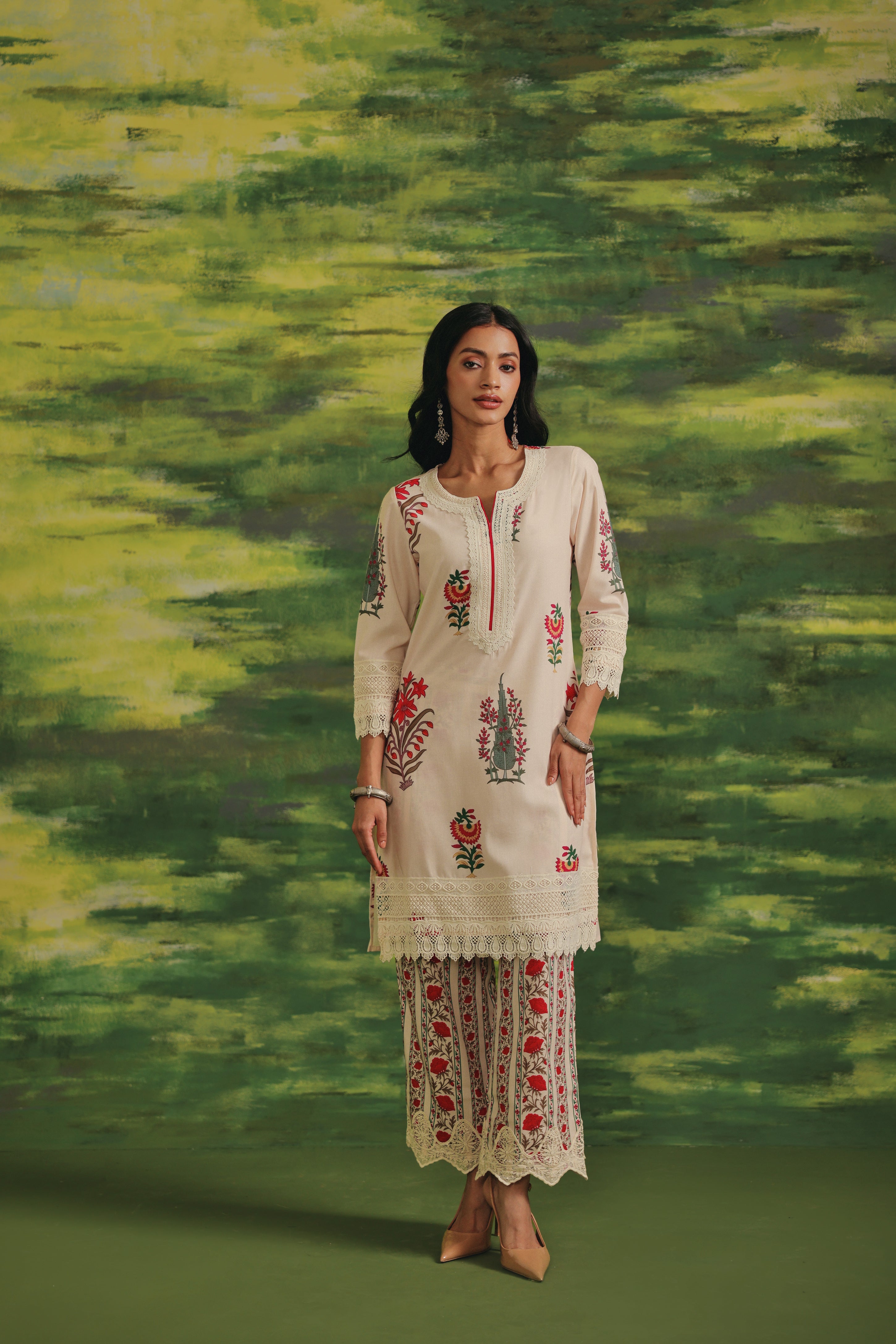 Rosewood Lace Cotton Kurta Set