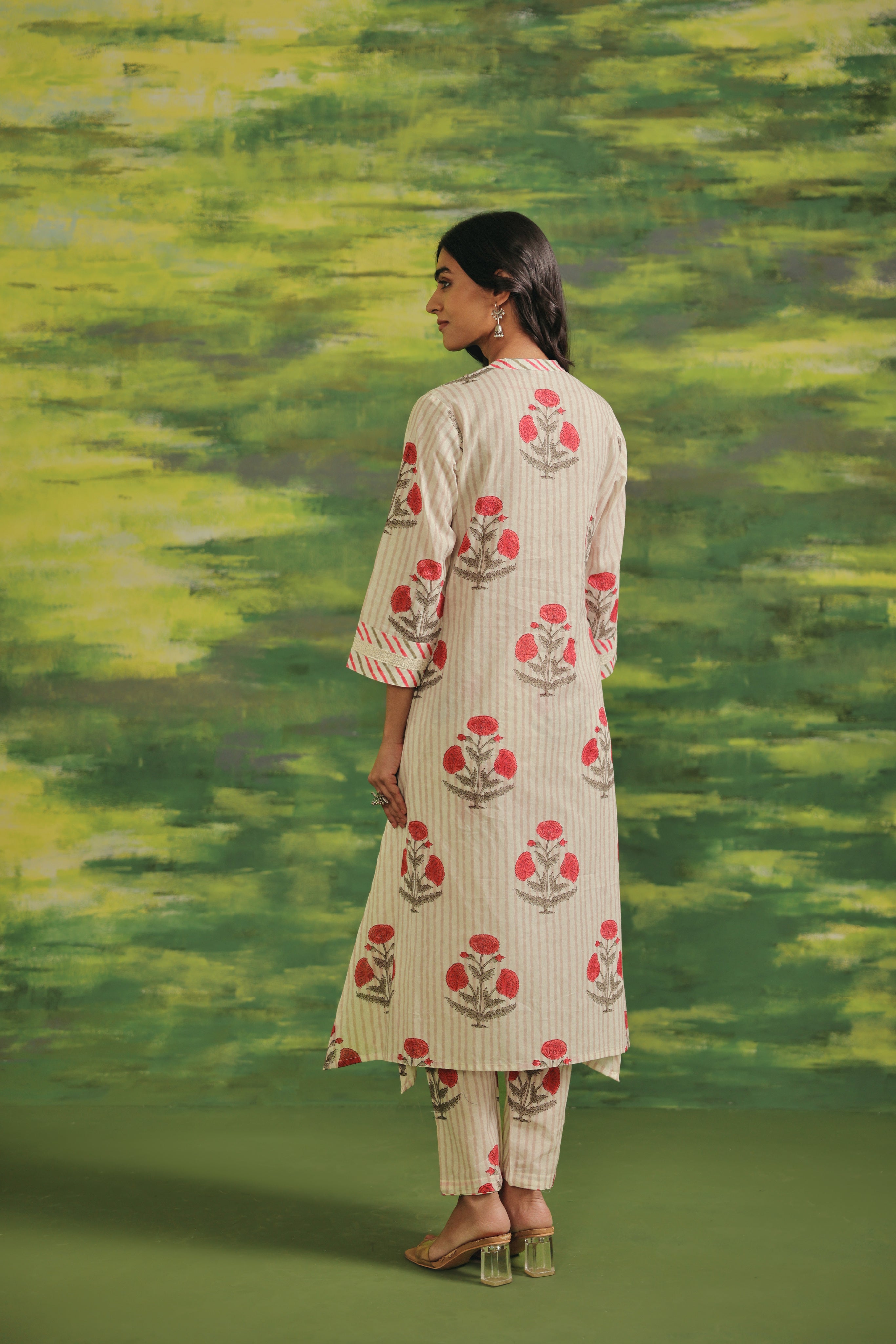 Rose Stripe Cotton Blend Suit Set