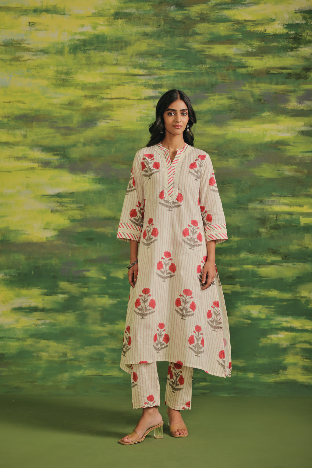 Rose Stripe Cotton Blend Suit Set