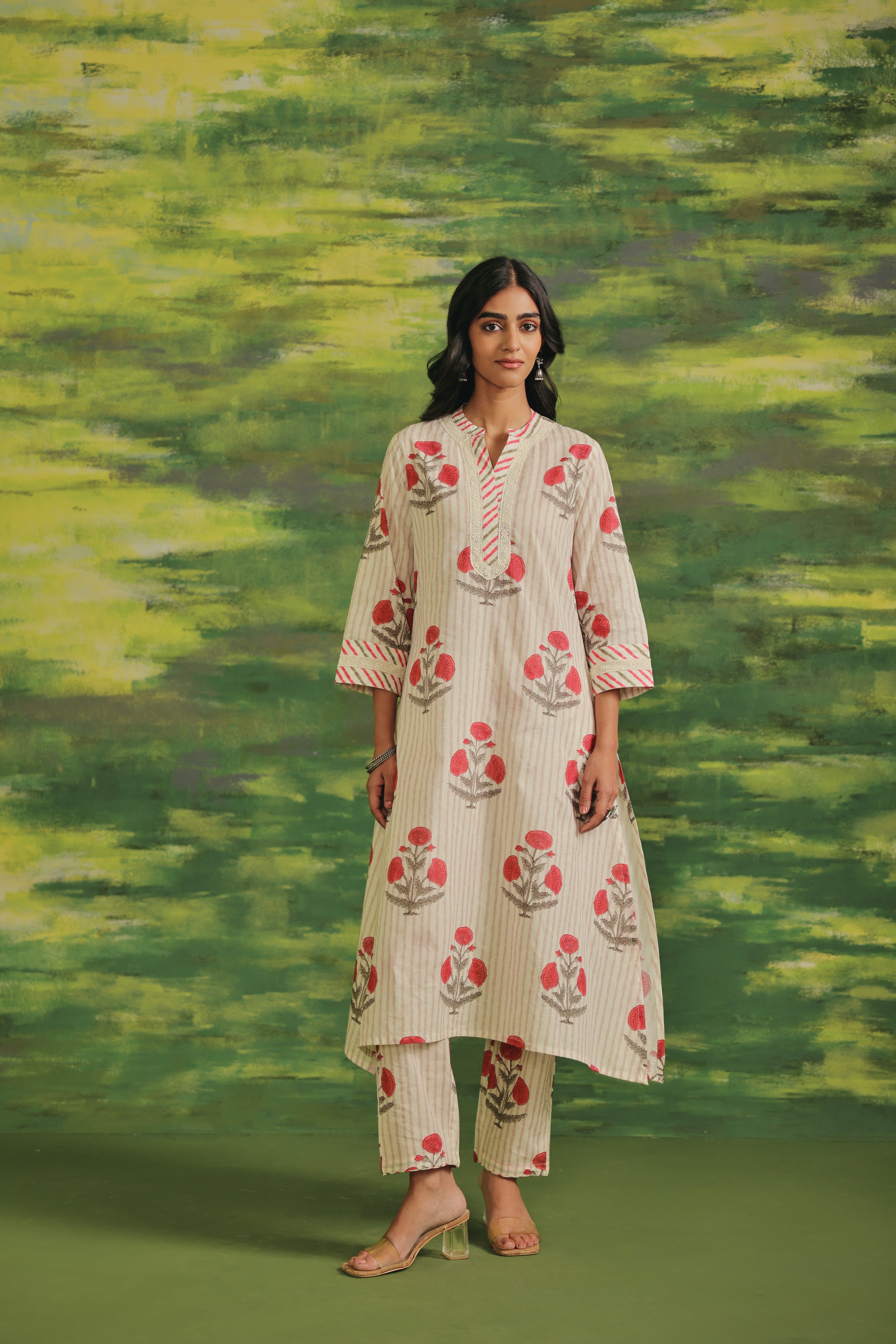 Rose Stripe Cotton Blend Suit Set