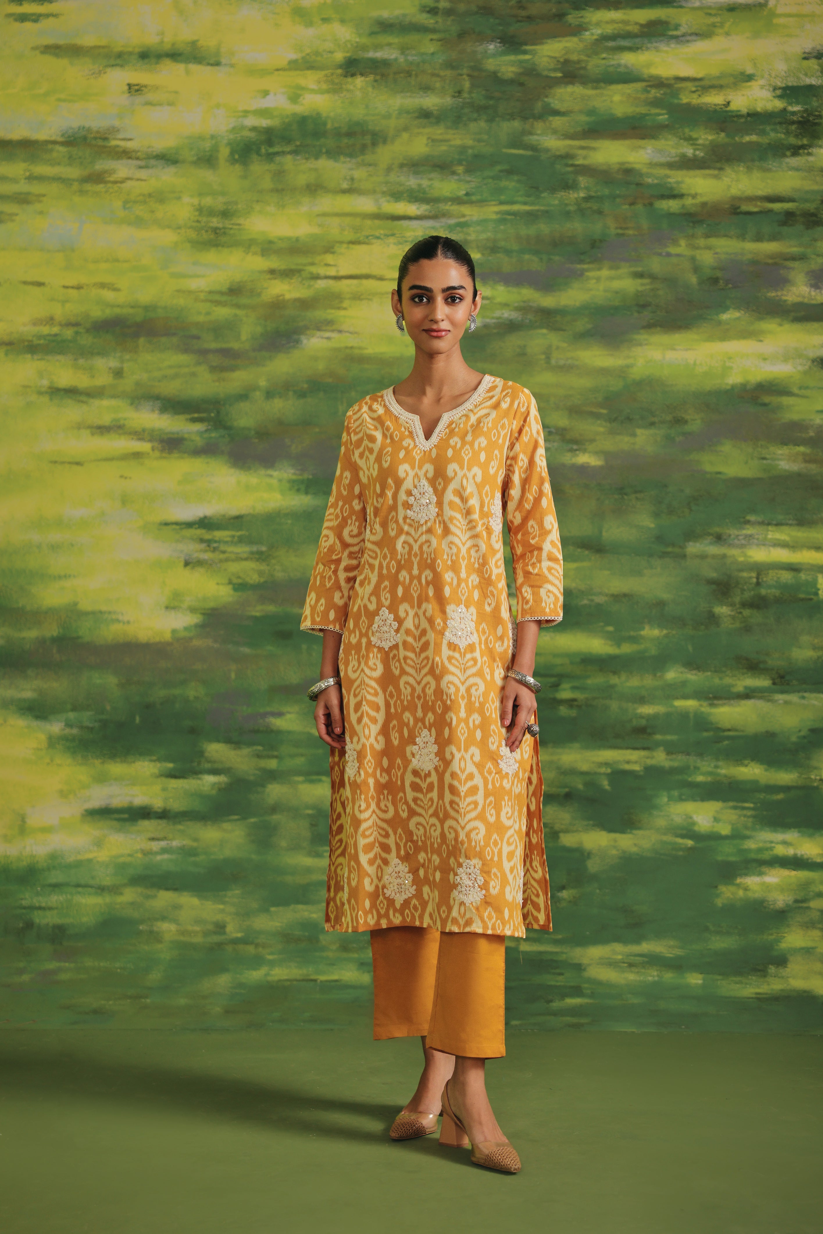 Saffron Ikat Cotton Suit Set