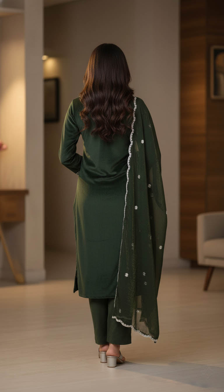 Premium Green Velvet Embroidered Kurta Set with Dupatta.