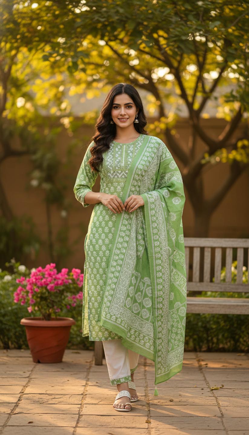Elegant Green Printed Embroidered Kurta Set with Pant and Dupatta