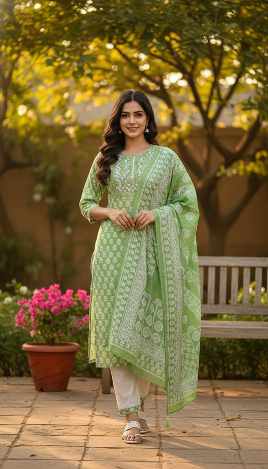 Elegant Green Printed Embroidered Kurta Set with Pant and Dupatta