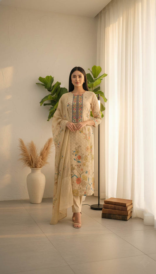Cream Chanderi Floral Print Kurta Set with Dupatta