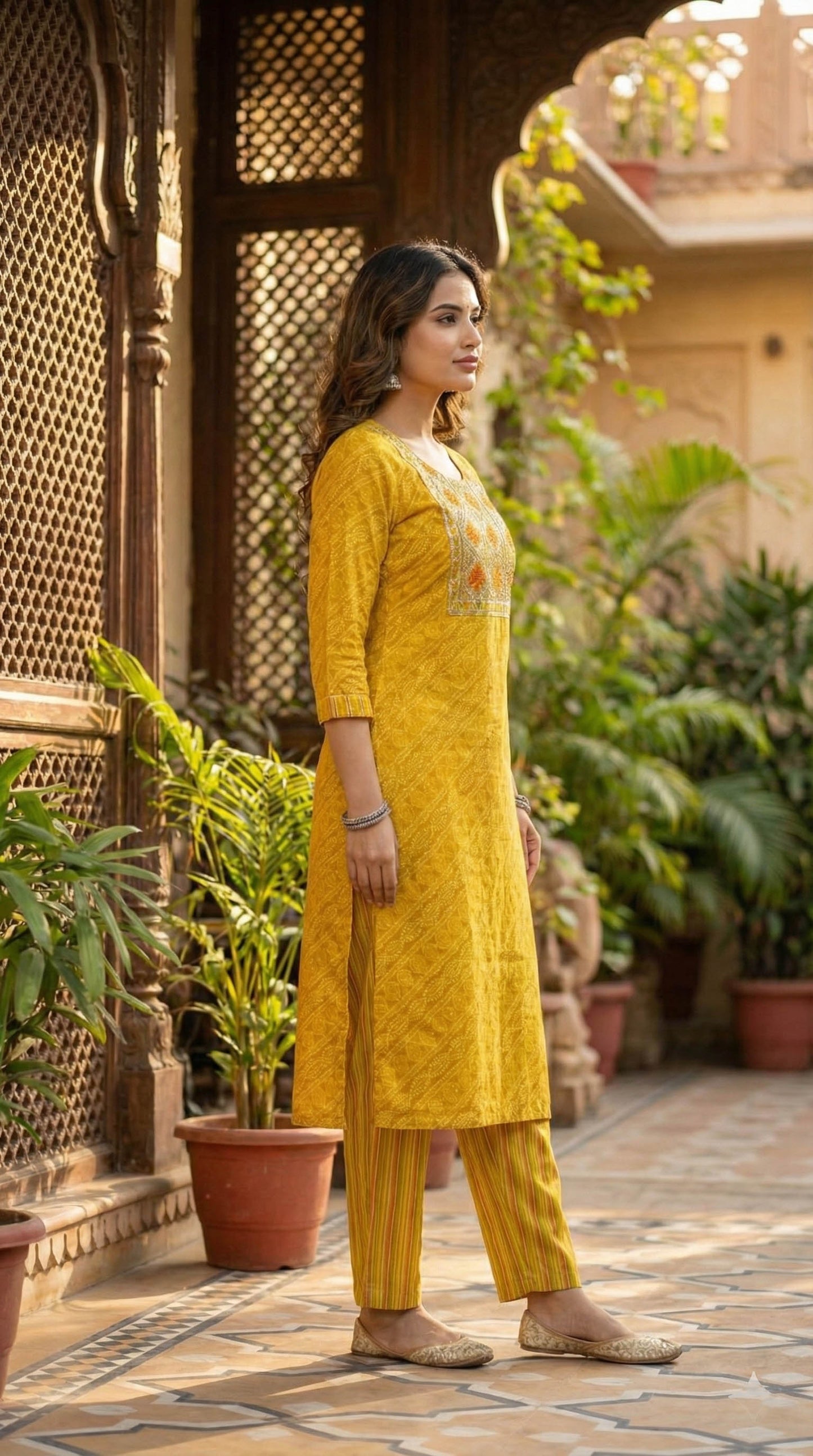 Yellow Viscose Blend Kurta with pant