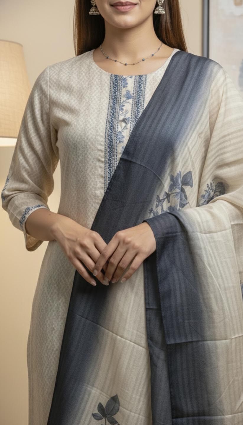 Elegant Blue Floral Printed Kurta  Set with Dupatta