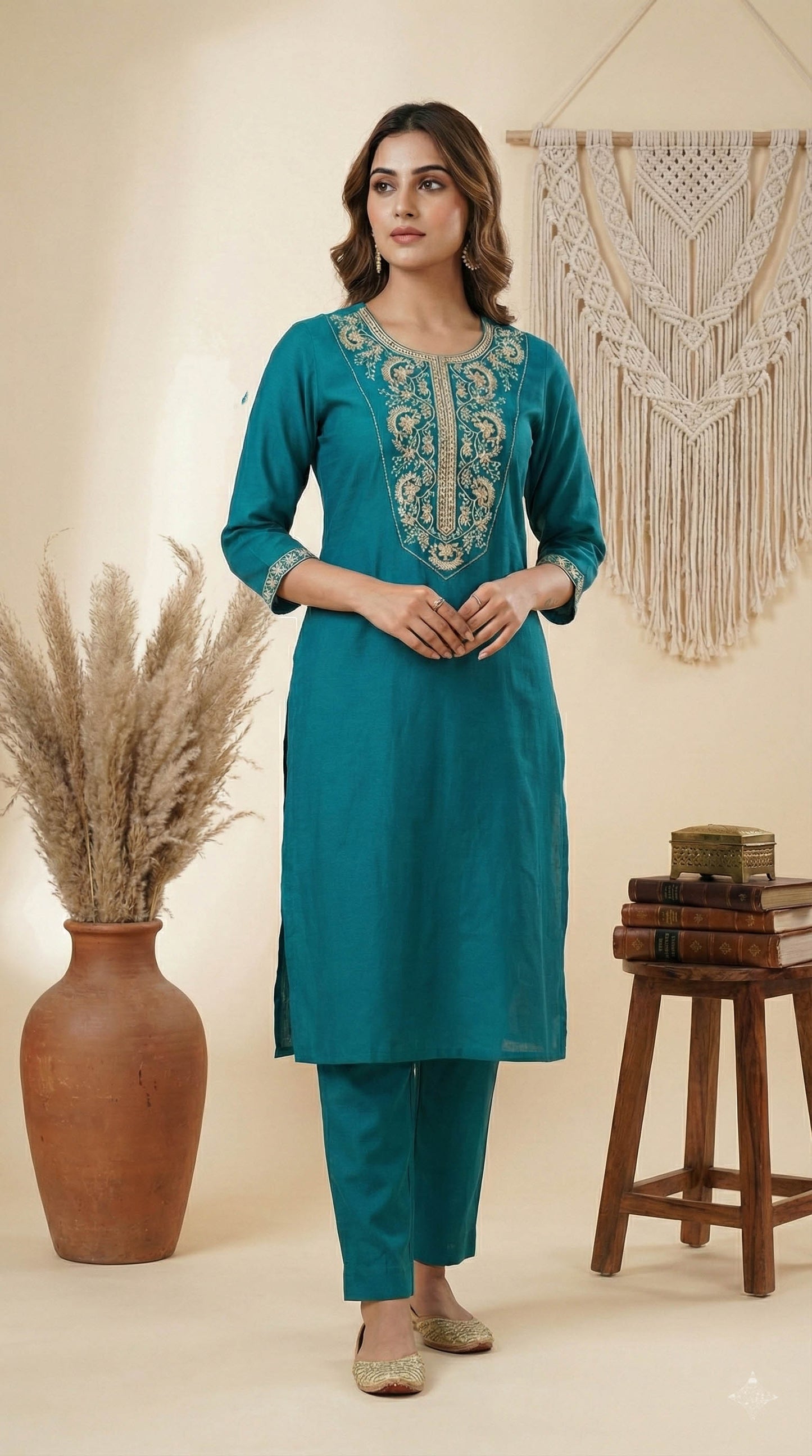 Turquoise Blue  Viscose Blend Kurta with pant