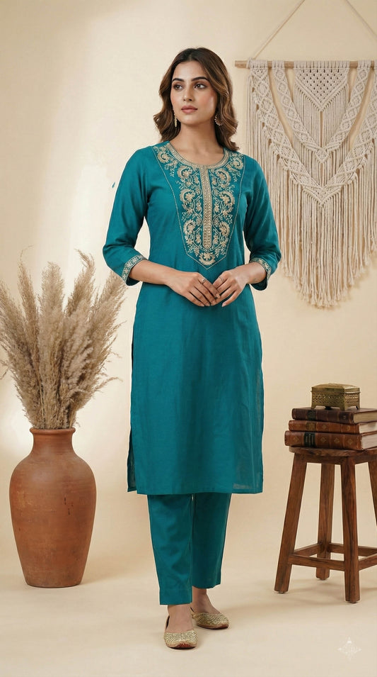 Turquoise Blue  Viscose Blend Kurta with pant