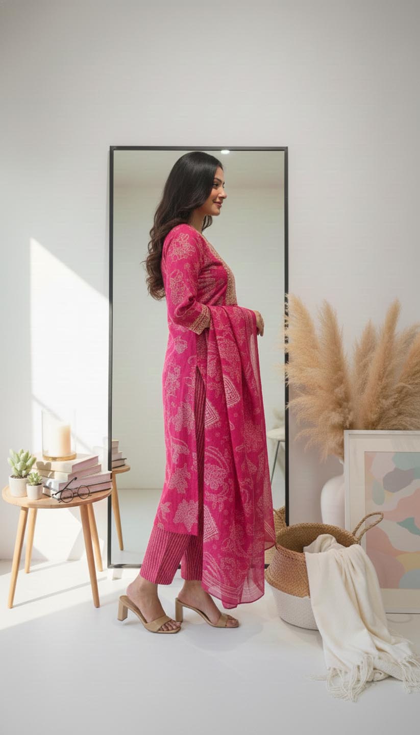 Fuchsia Pink Embroidered Kurta Set with Dupatta.