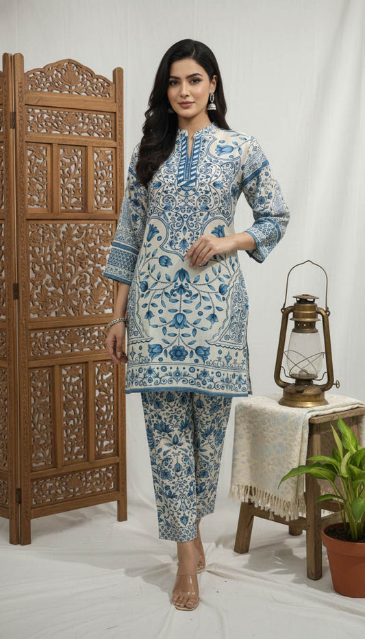 Blue & White Printed Kurta Set