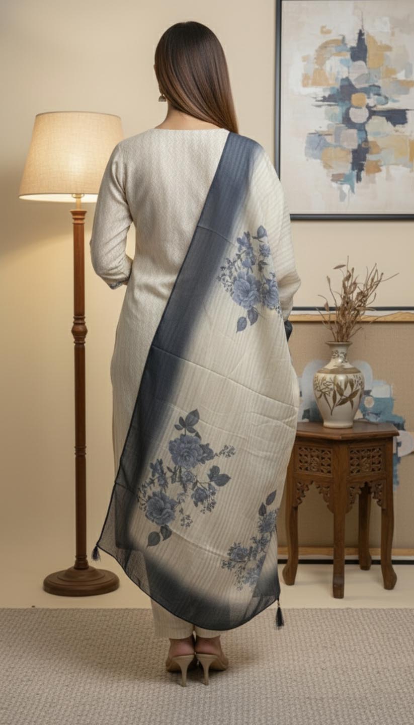Elegant Blue Floral Printed Kurta  Set with Dupatta