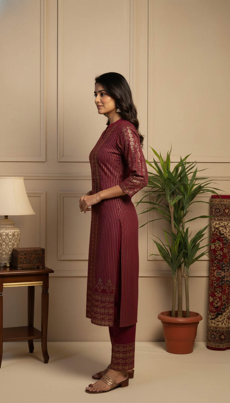 Royal Maroon Velvet Kurta Set with Gold Foil Print