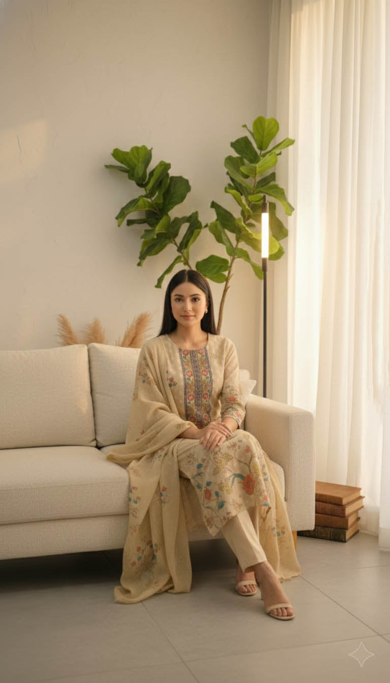 Cream Chanderi Floral Print Kurta Set with Dupatta