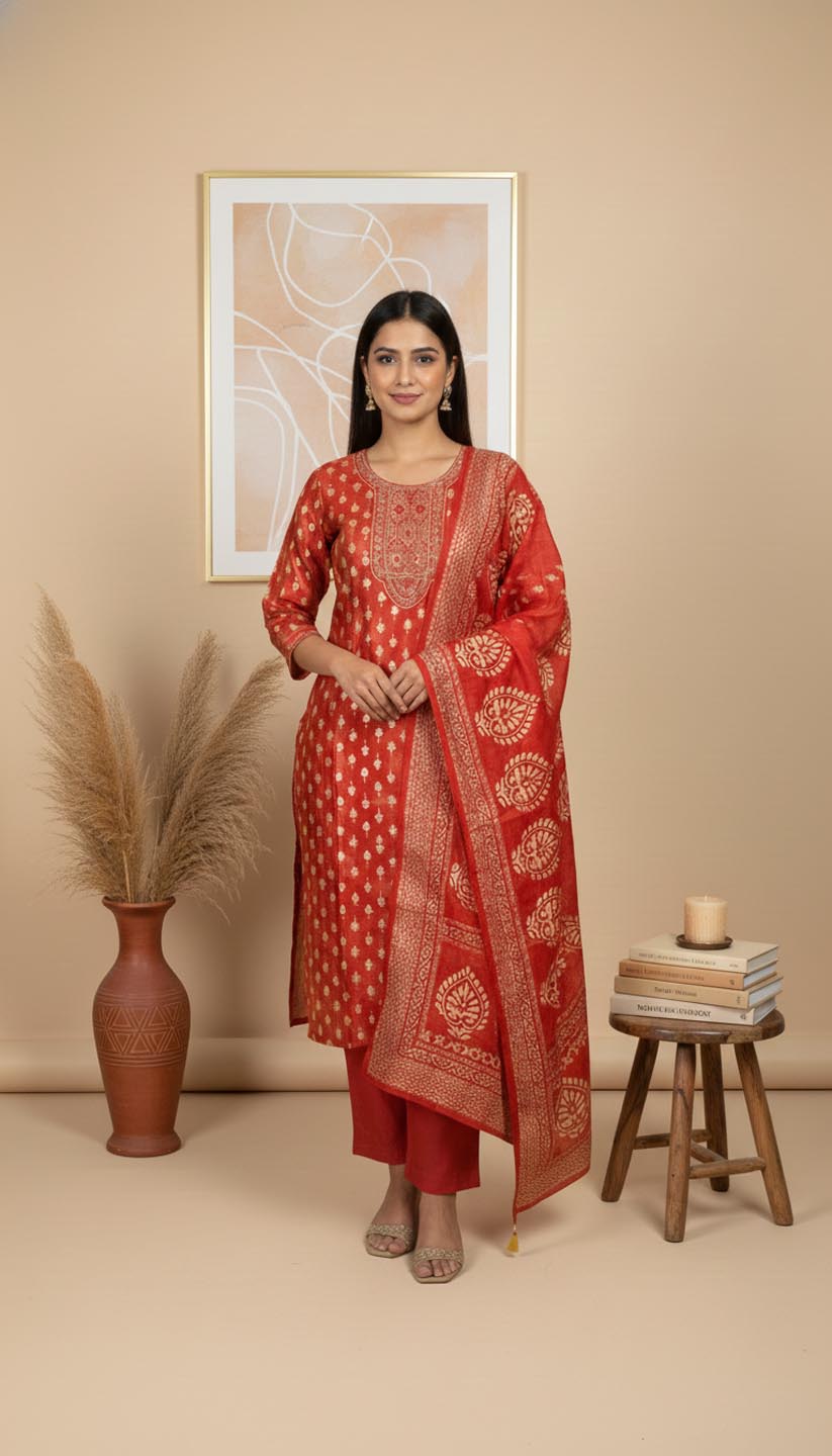 Coral Printed Embroidered Kurta & Pant Set