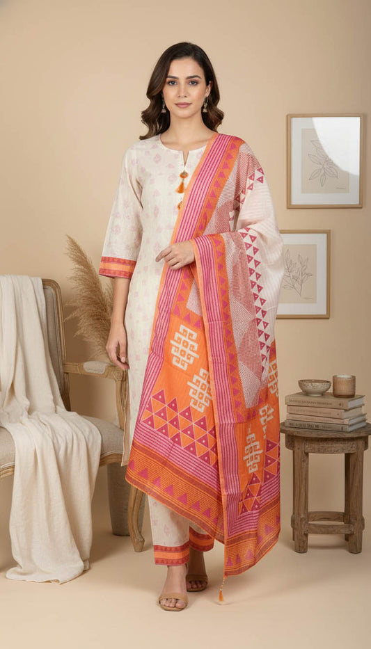 Peach Cotton Blend Printed Kurta Set with Dupatta