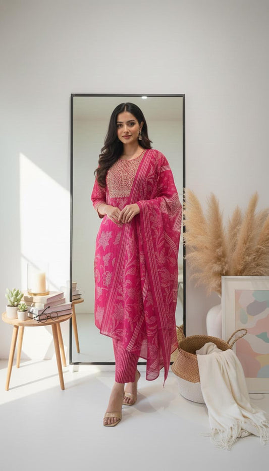 Fuchsia Pink Embroidered Kurta Set with Dupatta.